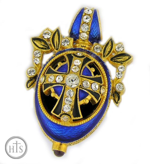 Image - Faberge Style Sterling Silver Pendant Egg,  Gold Plated, Royal Blue 