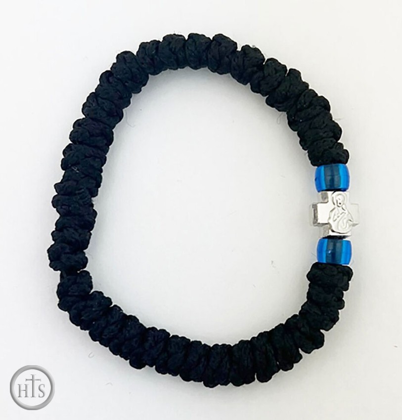 HolyTrinity Pic - Expandable Black Bracelet with Blue Beads and Cross