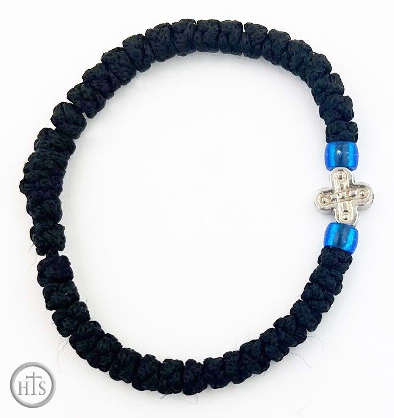 Image - Expandable Black Bracelet with Blue Beads and Cross