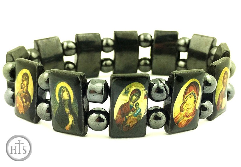 HolyTrinityStore Picture - Expandable Hematite Bracelet  with Icons of Virgin Mary and Christ