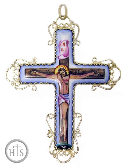 Pic - Filigree Cross, with Enamel (Finift) Corpus Crucifix, Hand Painted, Blue