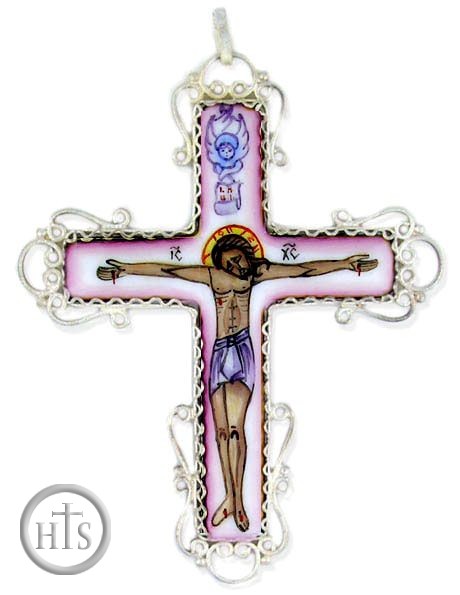 HolyTrinity Pic - Filigree Cross, with Enamel (Finift) Corpus Crucifix, Hand Painted