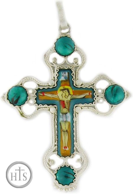 HolyTrinityStore Picture - Melchior (Filigree) Cross, with Enamel (Finift) Corpus Crucifix, Green