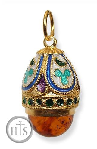 Product Picture - Traditional Russian Design Filigree Enameled Egg Pendant, 24Kt Gold Plated with Amber