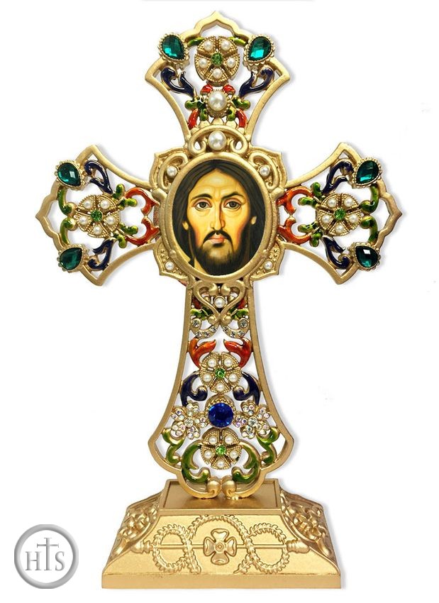 Photo - Christ of Sinai Icon in Filigree Standing Jeweled Cross 