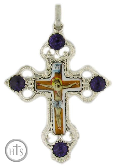 HolyTrinityStore Photo - Melchior (Filigree) Cross with Enamel (Finift) Crucifix Icon and Stones 