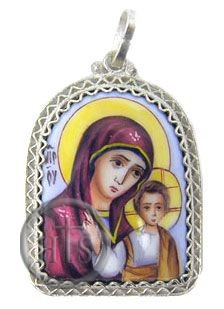 Pic - Melchior (Filigree) Pendant with Enamel (Finift) Virgin of Kazan Icon , Hand Painted