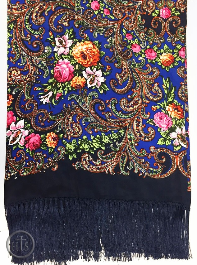 Picture - Shawl Scarf  with Floral Design Print,   Dark Blue