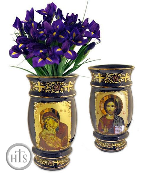 HolyTrinityStore Picture - Ceramic Icon Vase Virgin Mary and  Christ  Icons, 24K Gold Decorated