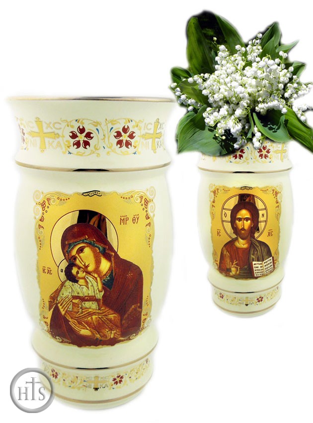 HolyTrinityStore Photo - Greek Ceramic Flower Icon Vase Christ & Virgin Mary