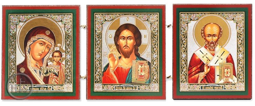 Pic - Christ The Teacher, Virgin of Kazan & Saint Nicholas, Foldable Triptych Icon