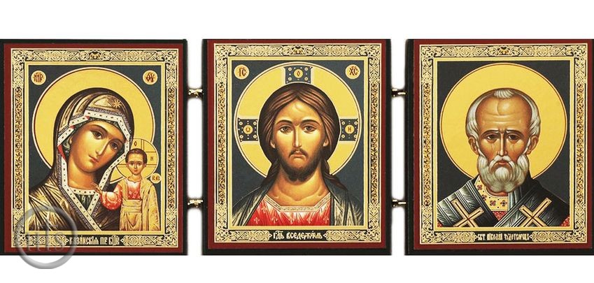Picture - Christ The Teacher, Virgin of Kazan & Saint Nicholas, Foldable Triptych Icon