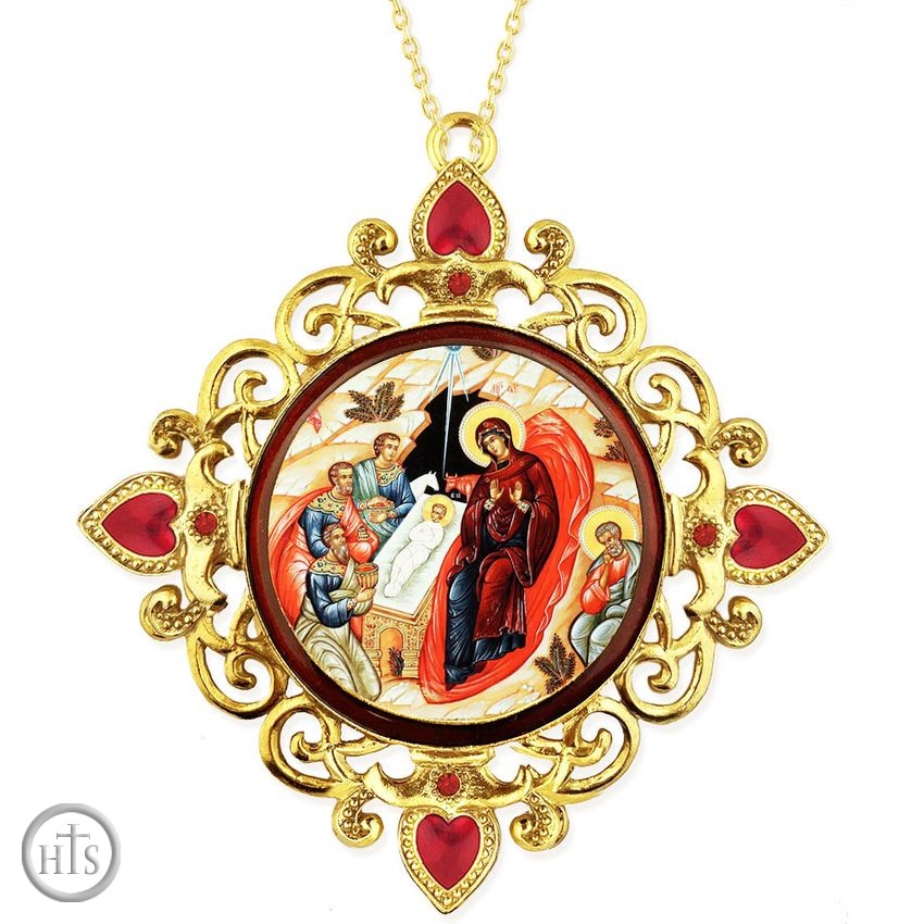 Product Photo - Nativity of Christ, Jeweled Round Framed Icon with Chain