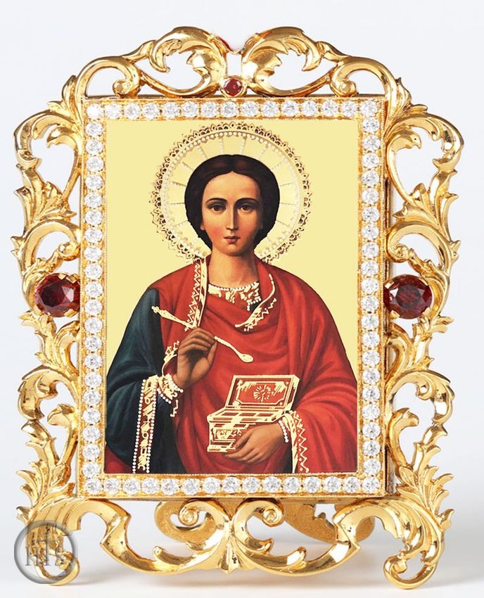 Pic - Saint Panteleimon The Healer, Jeweled Framed Icon With Stand and Chain