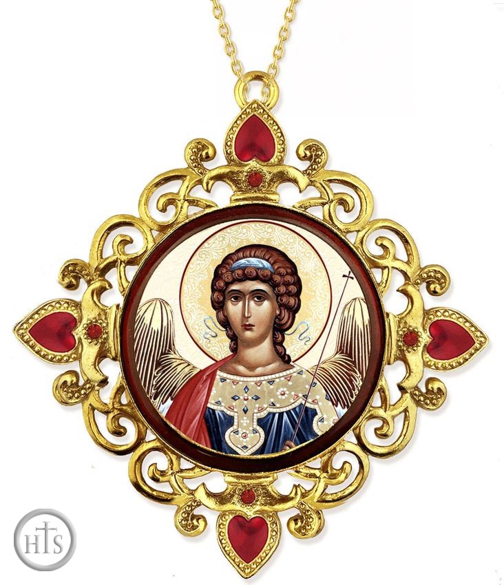 HolyTrinityStore Picture - Archangel Michael, Jeweled Round Framed Icon with Chain