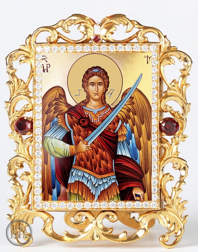 HolyTrinityStore Photo - Archangel Michael, Jeweled Framed Icon With Stand and Chain