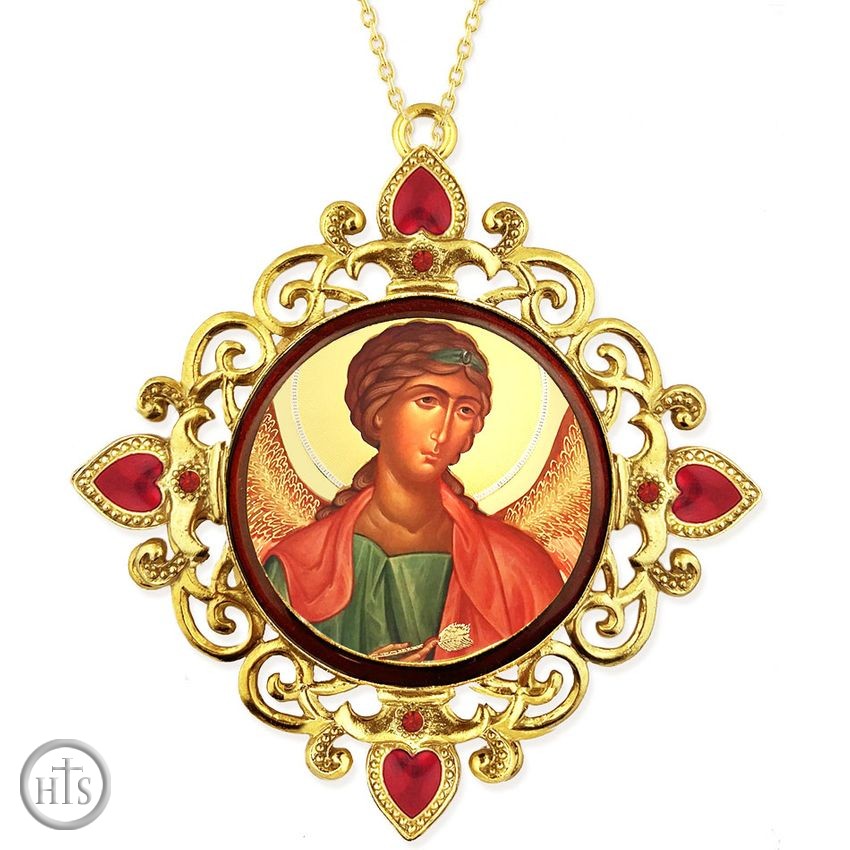 HolyTrinityStore Picture - Archangel Raphael, Jeweled Round Framed Icon with Chain