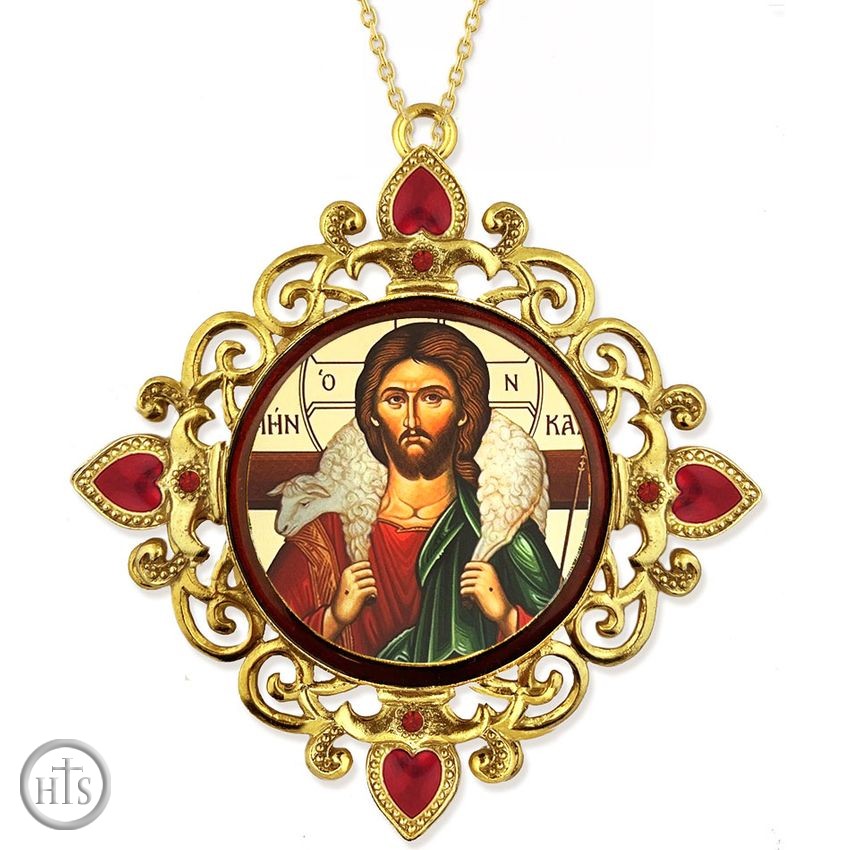 Product Picture - Christ The Good Shepherd, Jeweled Round Framed Icon with Chain