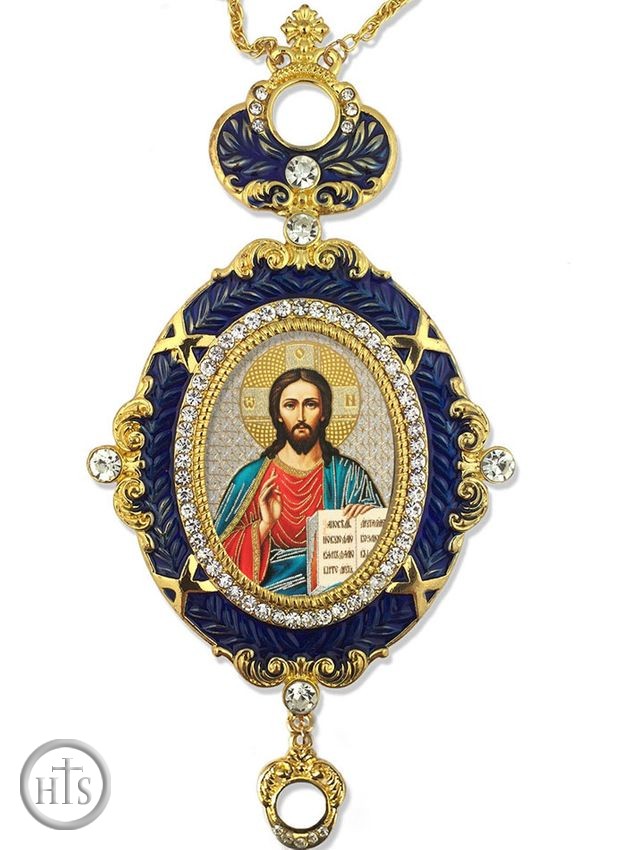 HolyTrinityStore Picture - Christ The Teacher,  Enameled Jeweled Icon Ornament, Blue