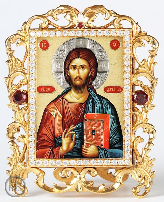 Product Pic - Christ The Teacher, Jeweled Framed Icon With Stand and Chain