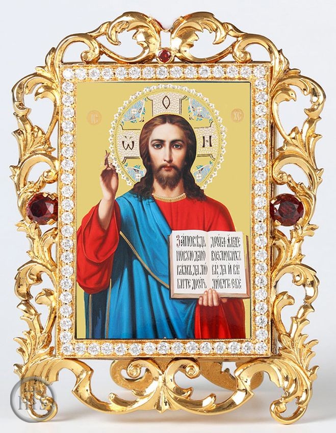 Product Pic - Christ The Teacher, Jeweled Framed Icon With Stand and Chain