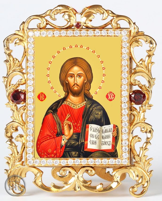 HolyTrinity Pic - Christ The Teacher, Jeweled Framed Icon With Stand and Chain