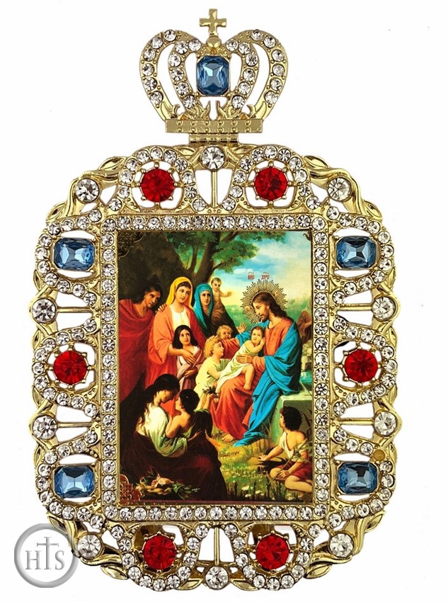 HolyTrinityStore Image - Christ With Children, Jeweled Framed Icon With Crown