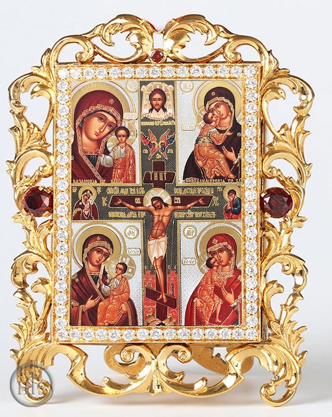 Product Photo - The Crucifixion and Virgin Mary Icons, Jeweled Framed Icon With Stand and Chain