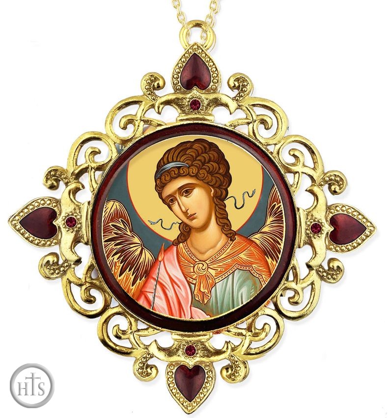 Image - Guardian Angel, Jeweled Round Framed Icon with Chain