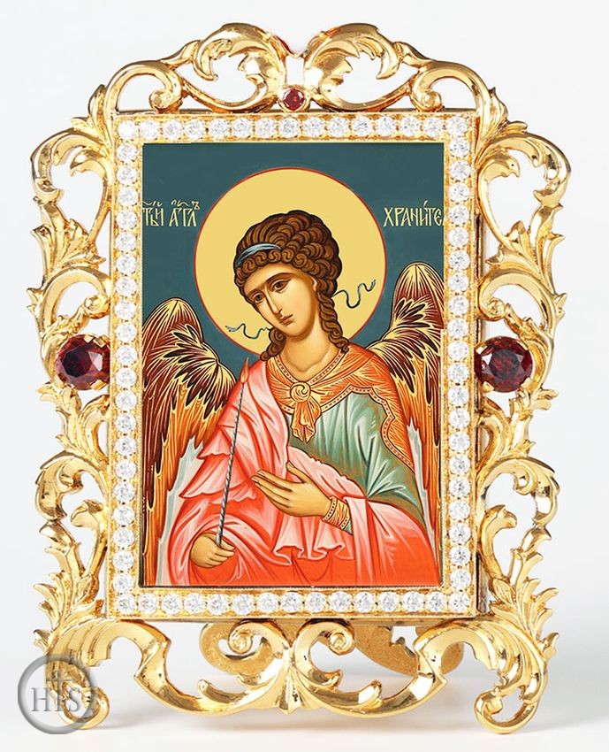 HolyTrinityStore Photo - Guardian Angel, Jeweled Framed Icon With Stand and Chain