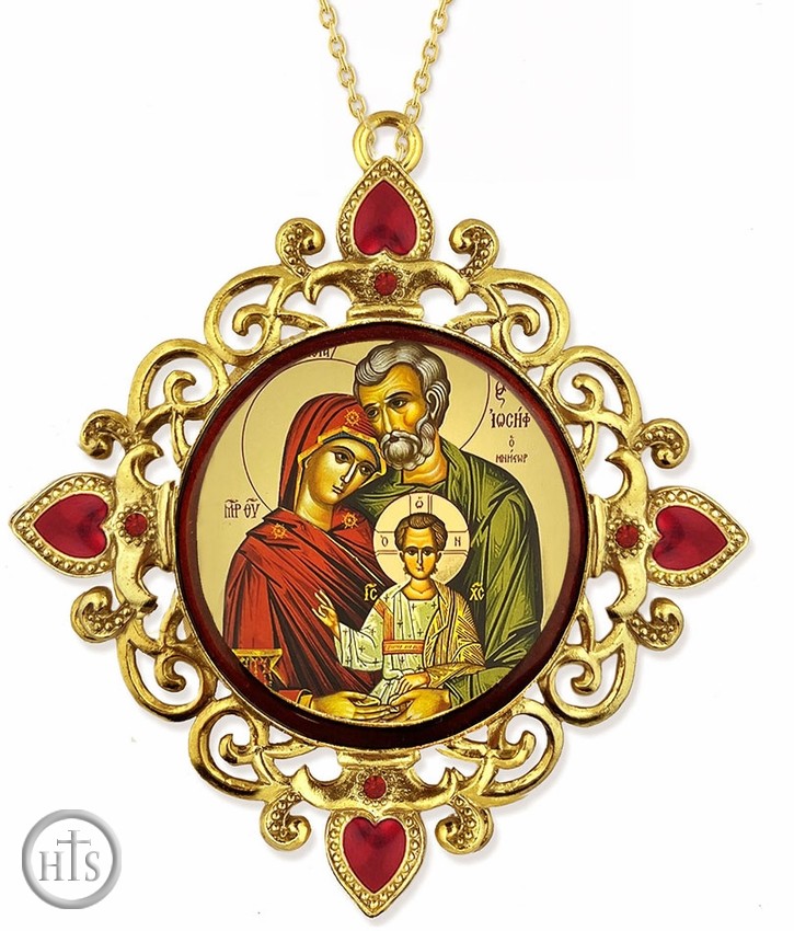 Product Photo - The Holy Family, Jeweled Round Framed Byzantine Icon with Chain