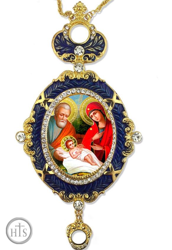 Product Photo - The Holy Family, Enameled Jeweled Icon Ornament, Blue