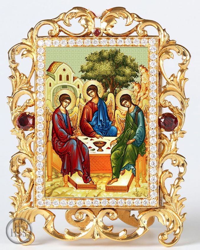 Pic - The Holy Trinity, Jeweled Framed Icon With Stand and Chain