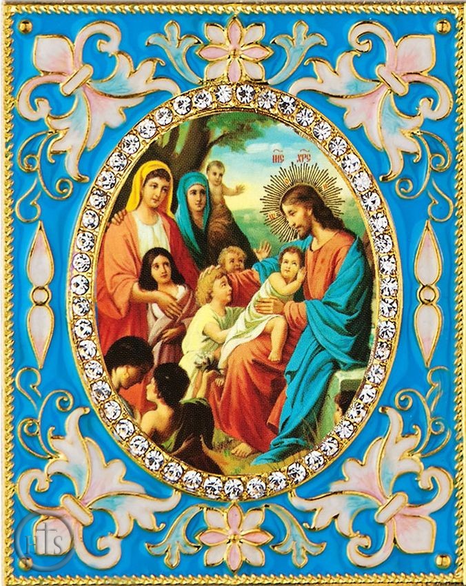 Photo - Christ with Children,   Enameled Framed Icon Pendant with Stand