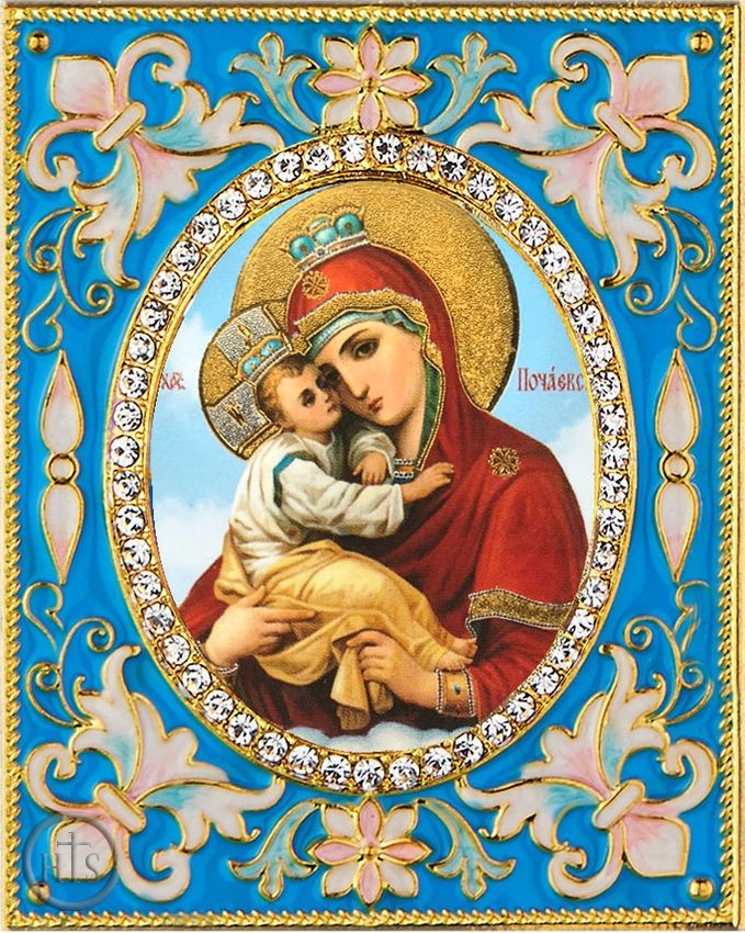 Pic - Virgin of Pochaev,  Enameled Framed Icon Pendant  with Stand