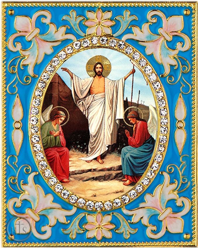 Product Picture - Resurrection of Christ,  Enameled Framed Icon Pendant with Stand