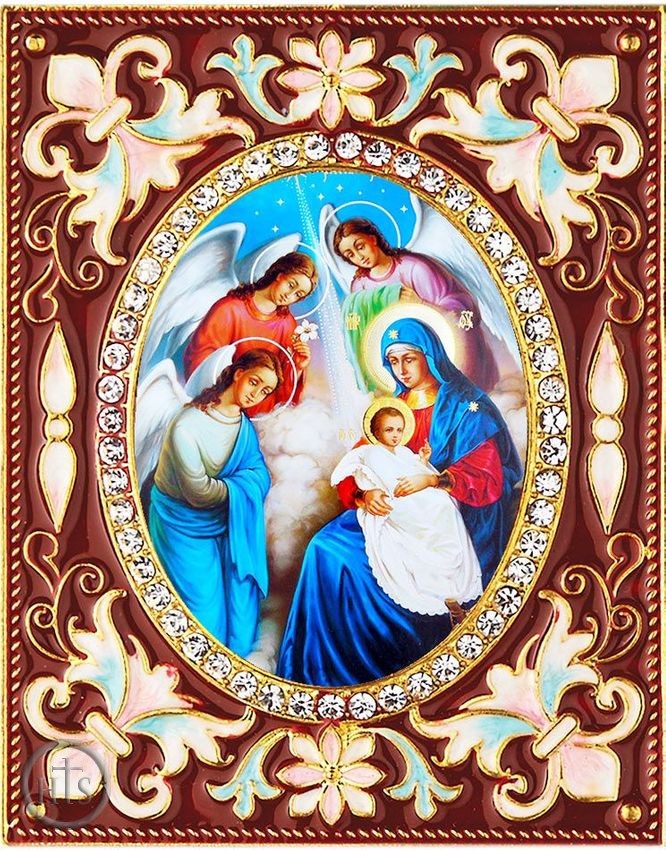 HolyTrinityStore Image - Nativity of Christ with Angels, Enameled Framed Icon Pendant with Stand