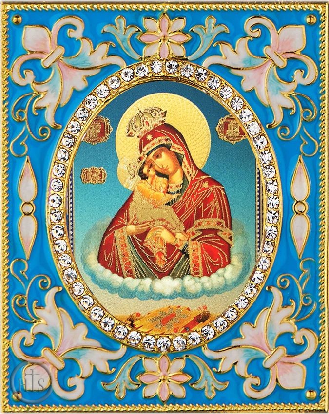 HolyTrinityStore Photo - Virgin of Pochaev,  Enameled Framed Icon Pendant  with Stand
