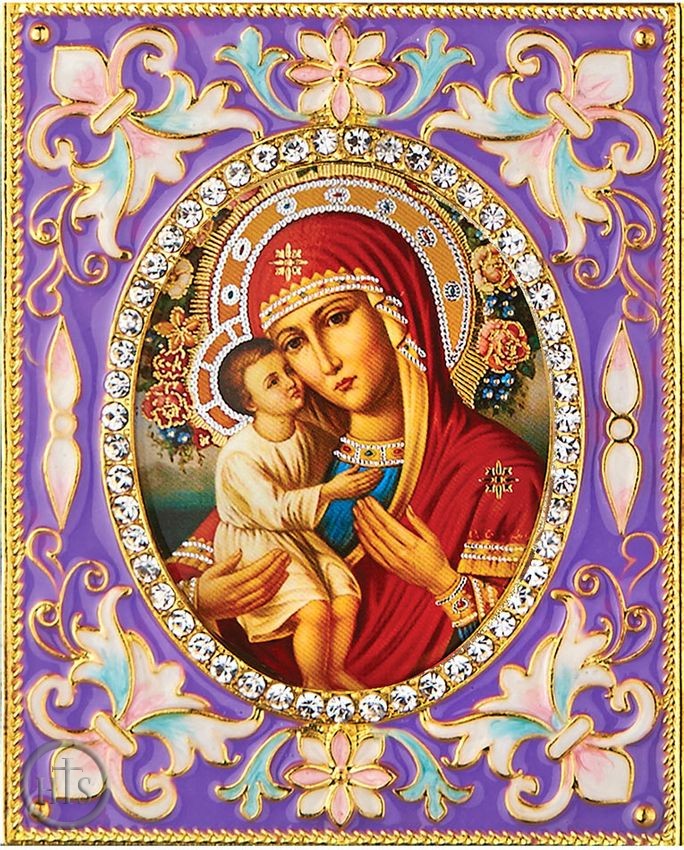 HolyTrinityStore Picture - Virgin Mary Zirovitskaya, Enameled Framed Icon Pendant with Stand