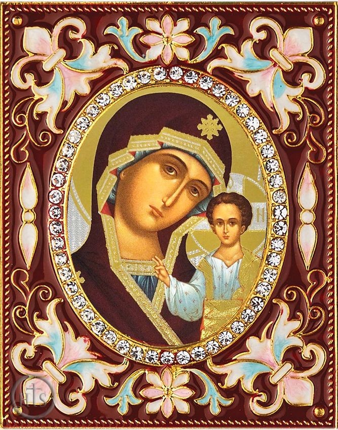 HolyTrinityStore Image - Virgin of Kazan, Enameled Framed Icon Pendant with Stand
