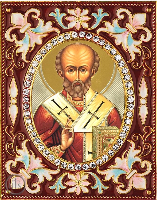 HolyTrinityStore Picture - St Nicholas the Wonderworker, Enameled Framed Icon Pendant with Stand
