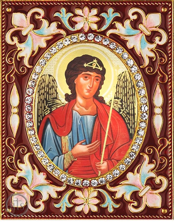 Product Pic - Archangel Michael,   Enameled Framed Icon Pendant with Stand