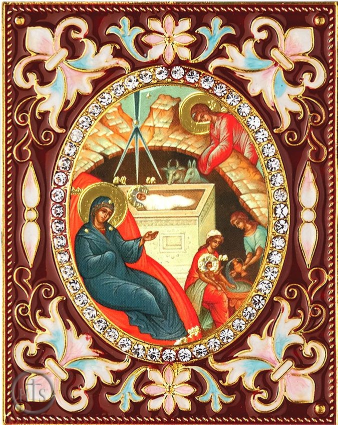 HolyTrinityStore Picture - Nativity of Christ,   Enameled Framed Icon Pendant with Stand