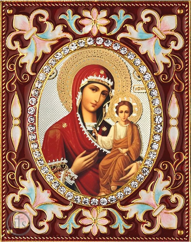HolyTrinityStore Image - Virgin of Smolensk,  Enameled Framed Icon Pendant with Stand