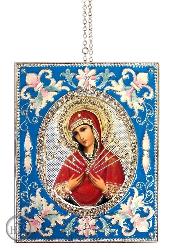 Pic - Virgin Mary of Sorrows - Seven Swords,  Enameled Framed Icon Pendant, Silver Frame