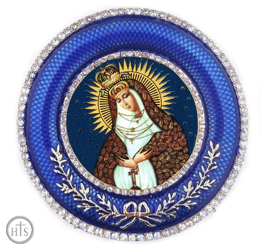 Product Pic - Virgin Mary  of Ostrobrama, Icon in Round Style Frame with Stand