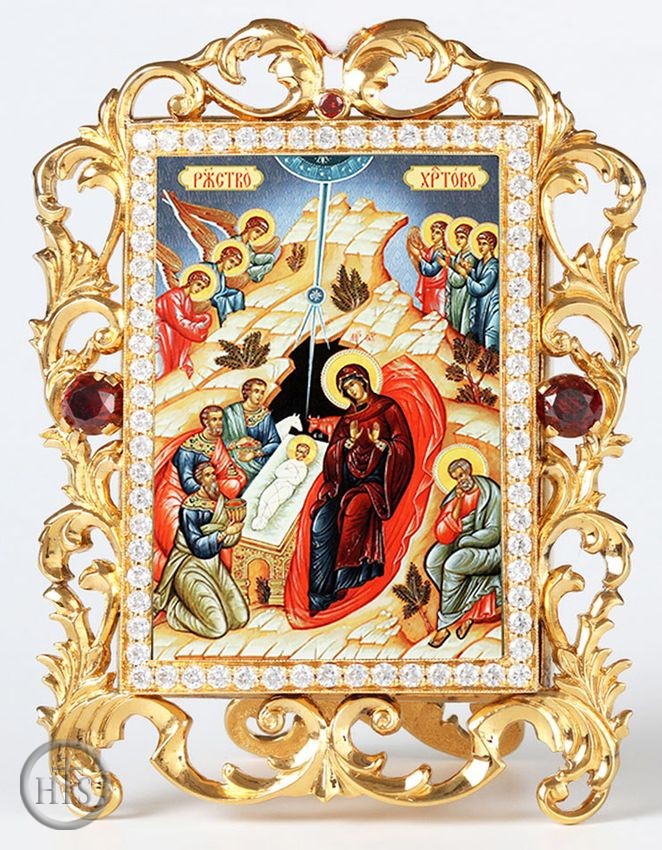 Picture - The Nativity, Jeweled Framed Icon With Stand and Chain