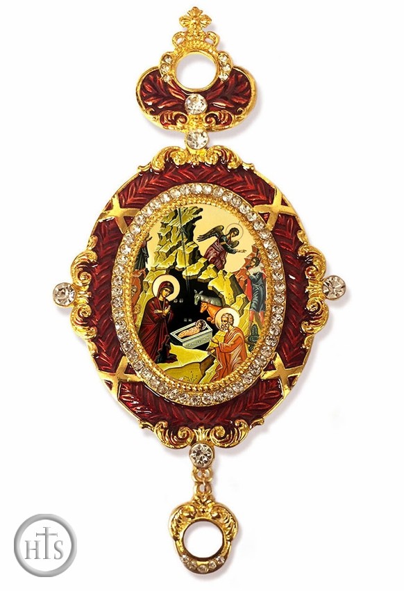 Product Image - The Nativity, Enameled Jeweled Gold Foil Icon Ornament, Red