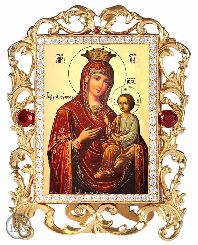 HolyTrinityStore Picture - Virgin Mary Quick To Hear, Jeweled Framed Icon With Stand and Chain