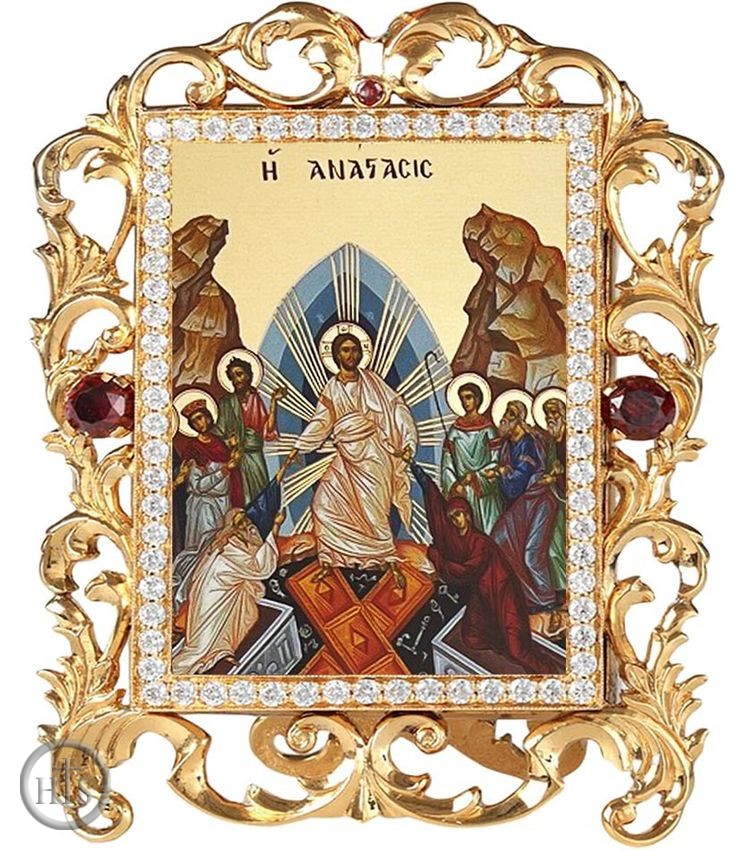 Product Picture - The Resurrection, Jeweled Framed Greek Icon w/Stand and Chain